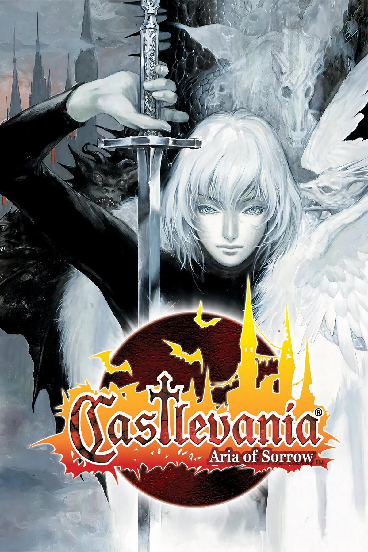Bìa game Castlevania: Aria of Sorrow hiển thị nhân vật chính Soma Cruz trong trang phục đỏ, phía sau là lâu đài và các biểu tượng ma quái