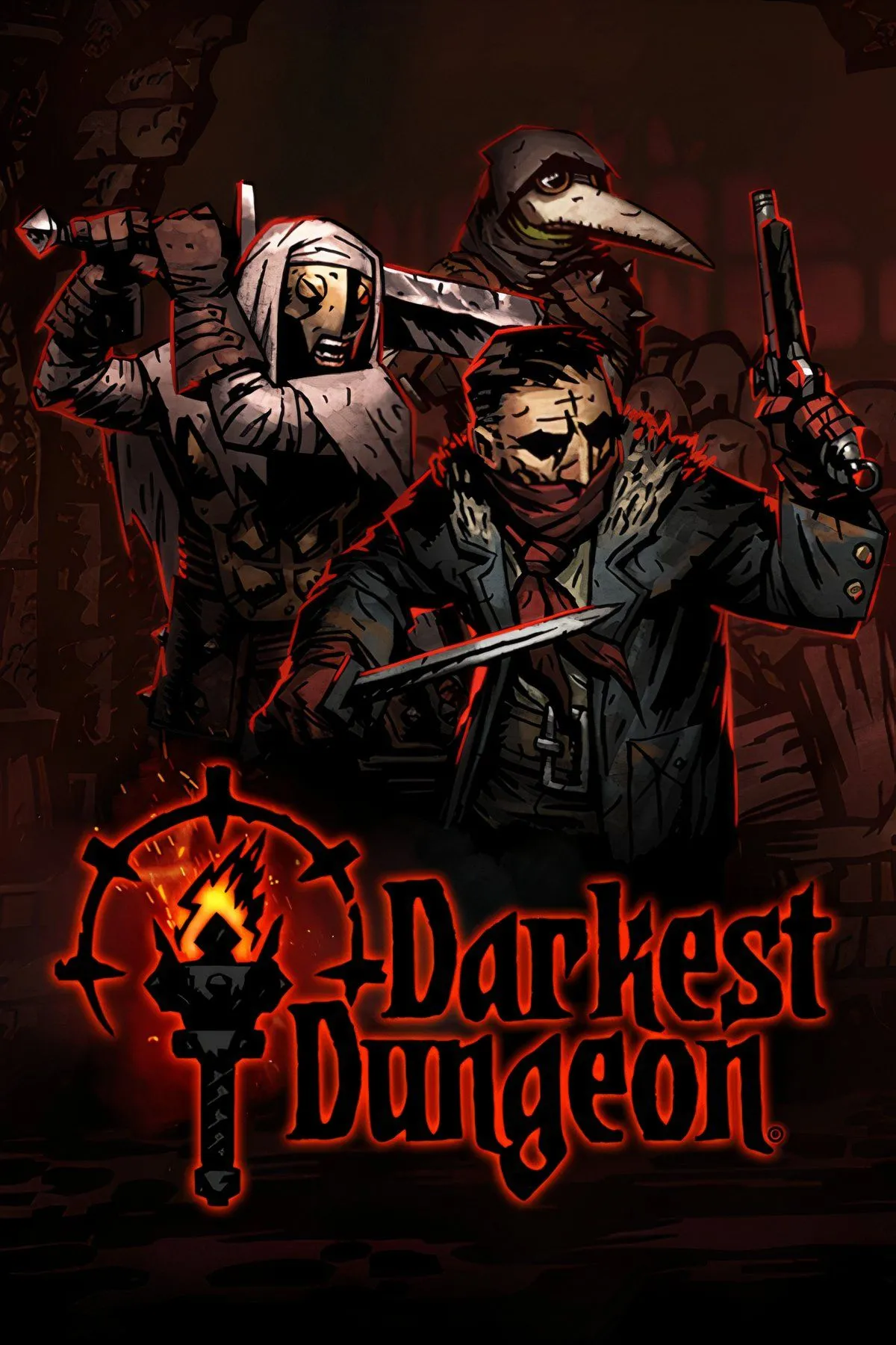 Bìa game Darkest Dungeon với hình ảnh các anh hùng và quái vật trong phong cách Gothic đen tối