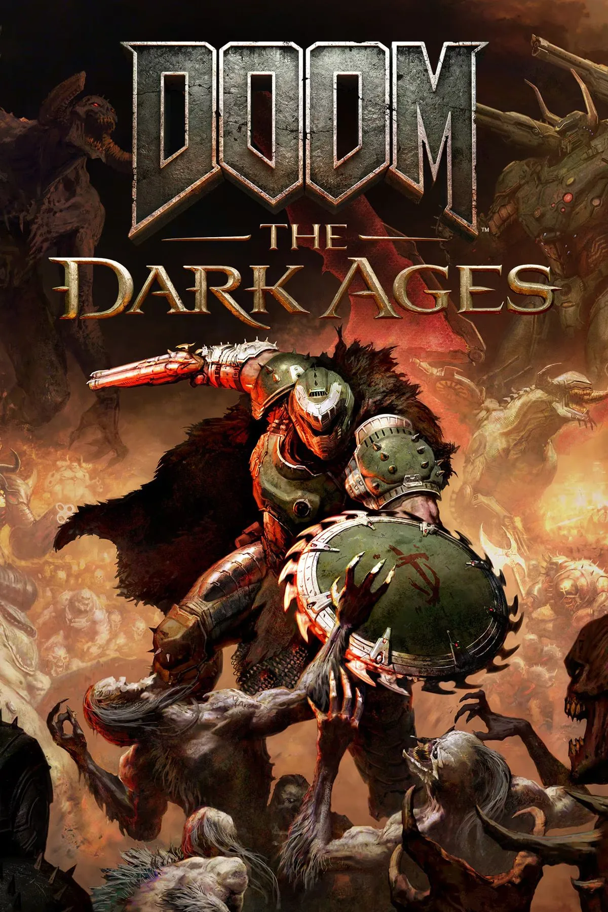 Bìa game Doom The Dark Ages với hình ảnh Doom Slayer mang khiên và rìu, tượng trưng cho sự thay đổi trong gameplay