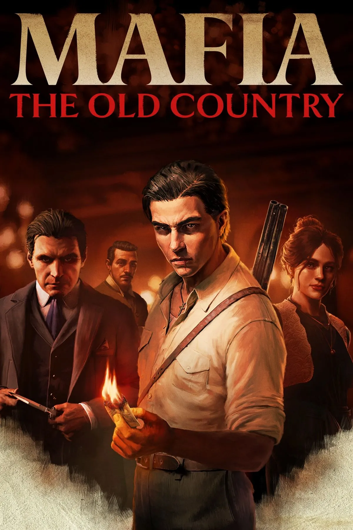 Bìa game Mafia: The Old Country với hình ảnh về thế giới ngầm và nhân vật chính