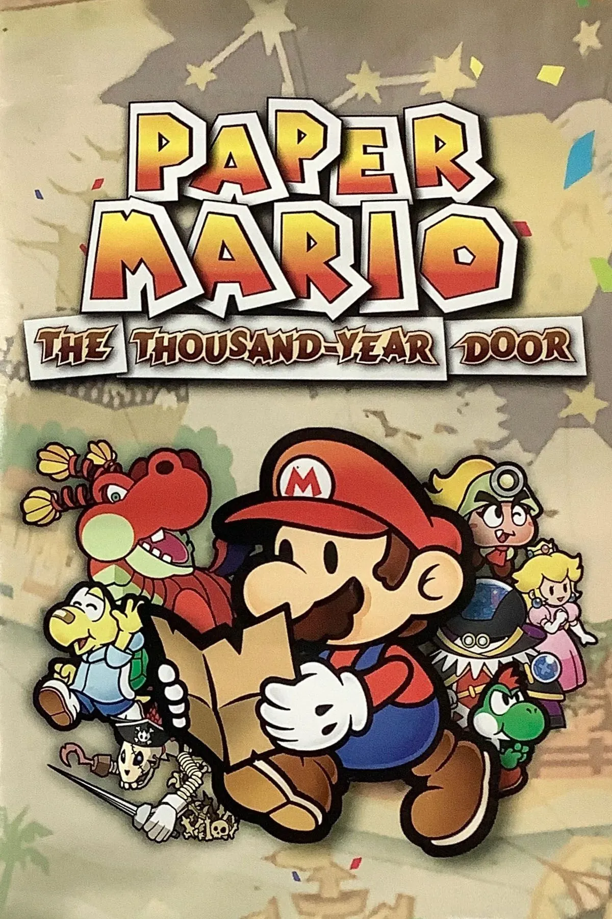 Bìa game Paper Mario: The Thousand-Year Door phiên bản GameCube với Mario và các đồng đội trong phong cách nghệ thuật giấy