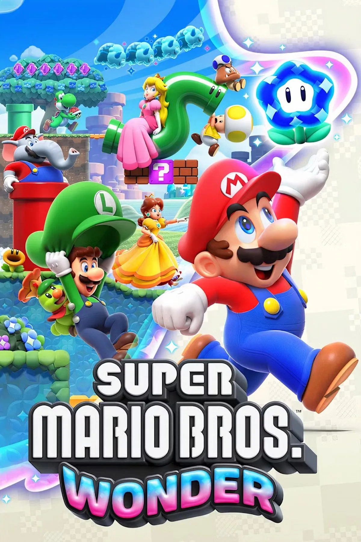 Bìa game Super Mario Bros. Wonder với các nhân vật Mario, Luigi, Peach, Daisy và Yoshi