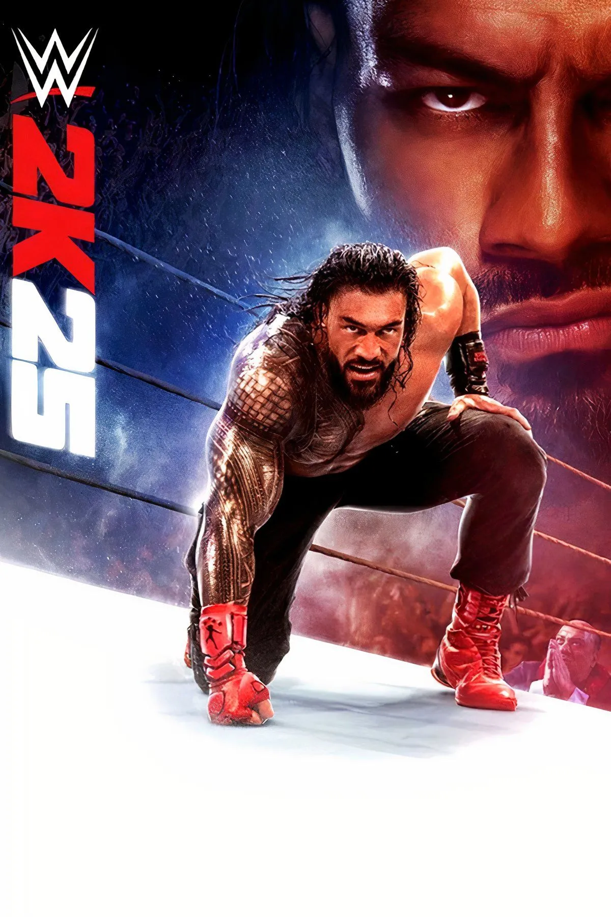 Bìa game WWE 2K25 với đô vật nổi tiếng tạo dáng trên võ đài