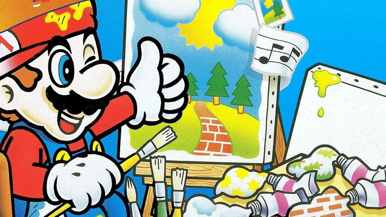 Bìa hộp game Mario Paint cho SNES với hình ảnh Mario và Yoshi vẽ tranh
