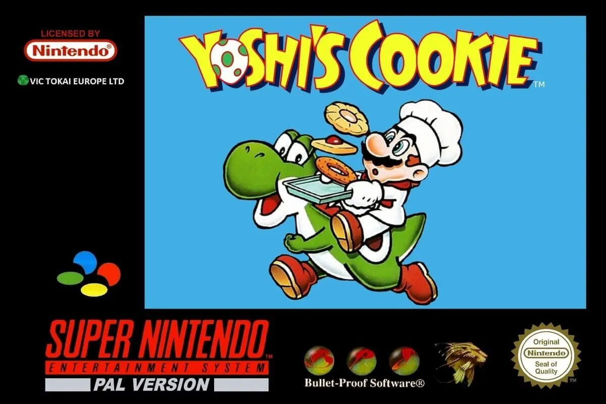 Bìa hộp phiên bản PAL của game Yoshi's Cookie cho SNES, với Yoshi và Mario trên nền bánh quy