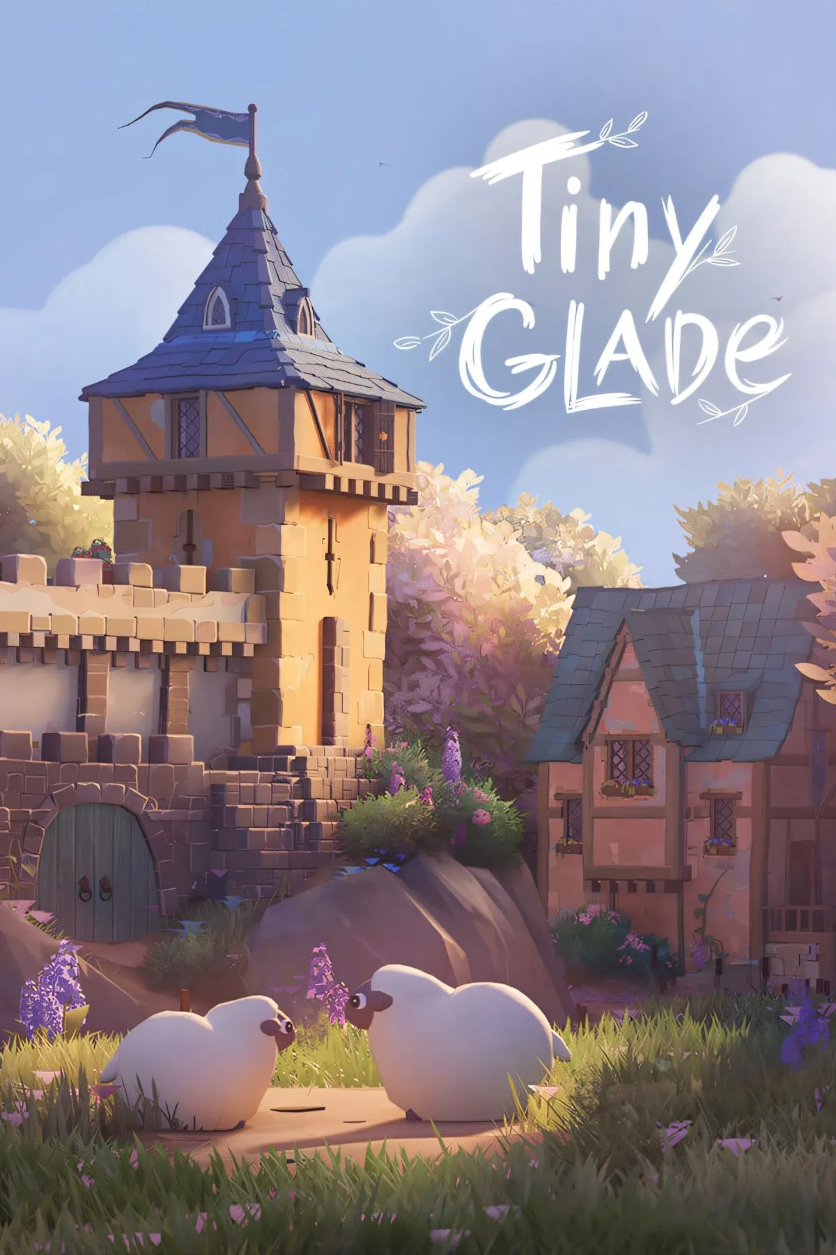 Bìa nghệ thuật game Tiny Glade với kiến trúc lâu đài và làng mạc thời Trung Cổ