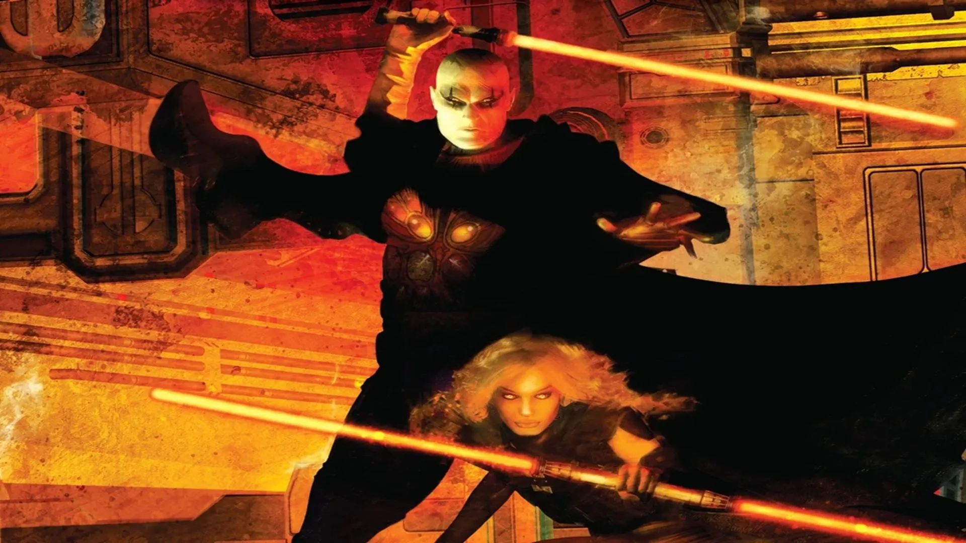 Bìa tiểu thuyết Darth Bane: Quy Tắc Hai Người, với hình ảnh Darth Bane và đệ tử Zannah, thể hiện sức mạnh của phe Sith.