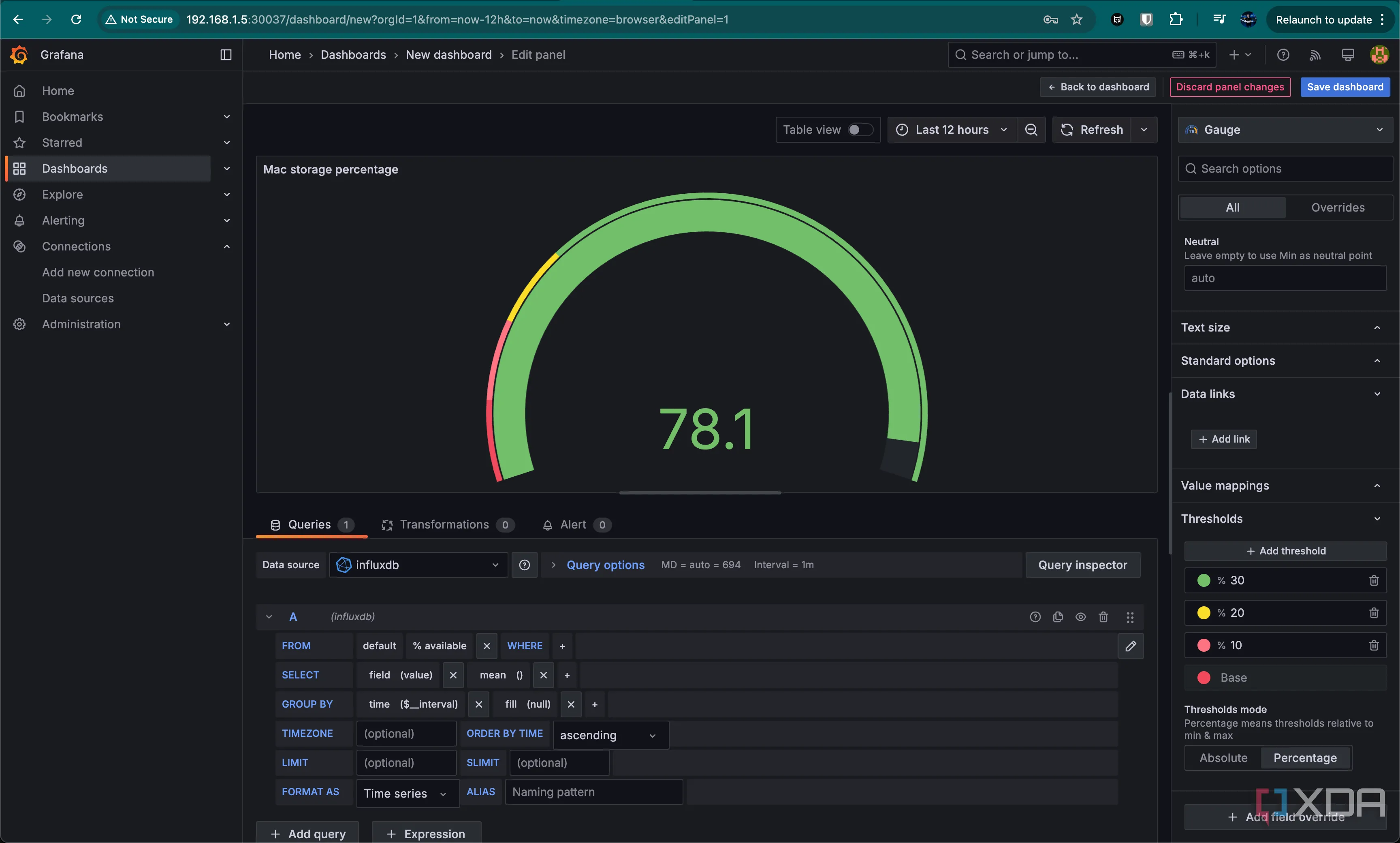 Biểu đồ dạng đồng hồ (Gauge) hoàn chỉnh trong Grafana hiển thị phần trăm dung lượng trống