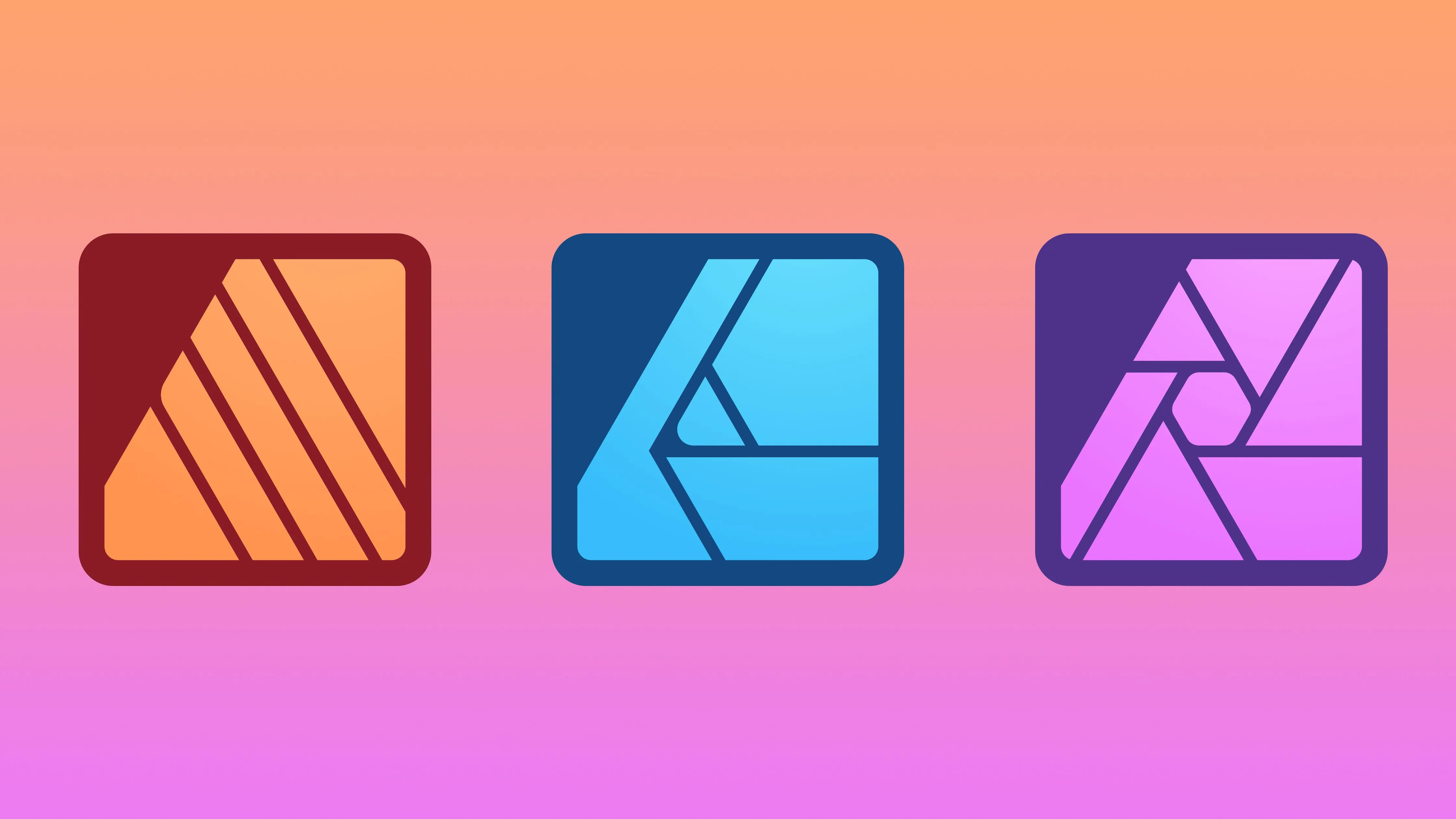 Biểu tượng ứng dụng Affinity Photo, Designer và Publisher trên nền tối, minh họa bộ công cụ thiết kế đồ họa chuyên nghiệp thay thế Adobe.