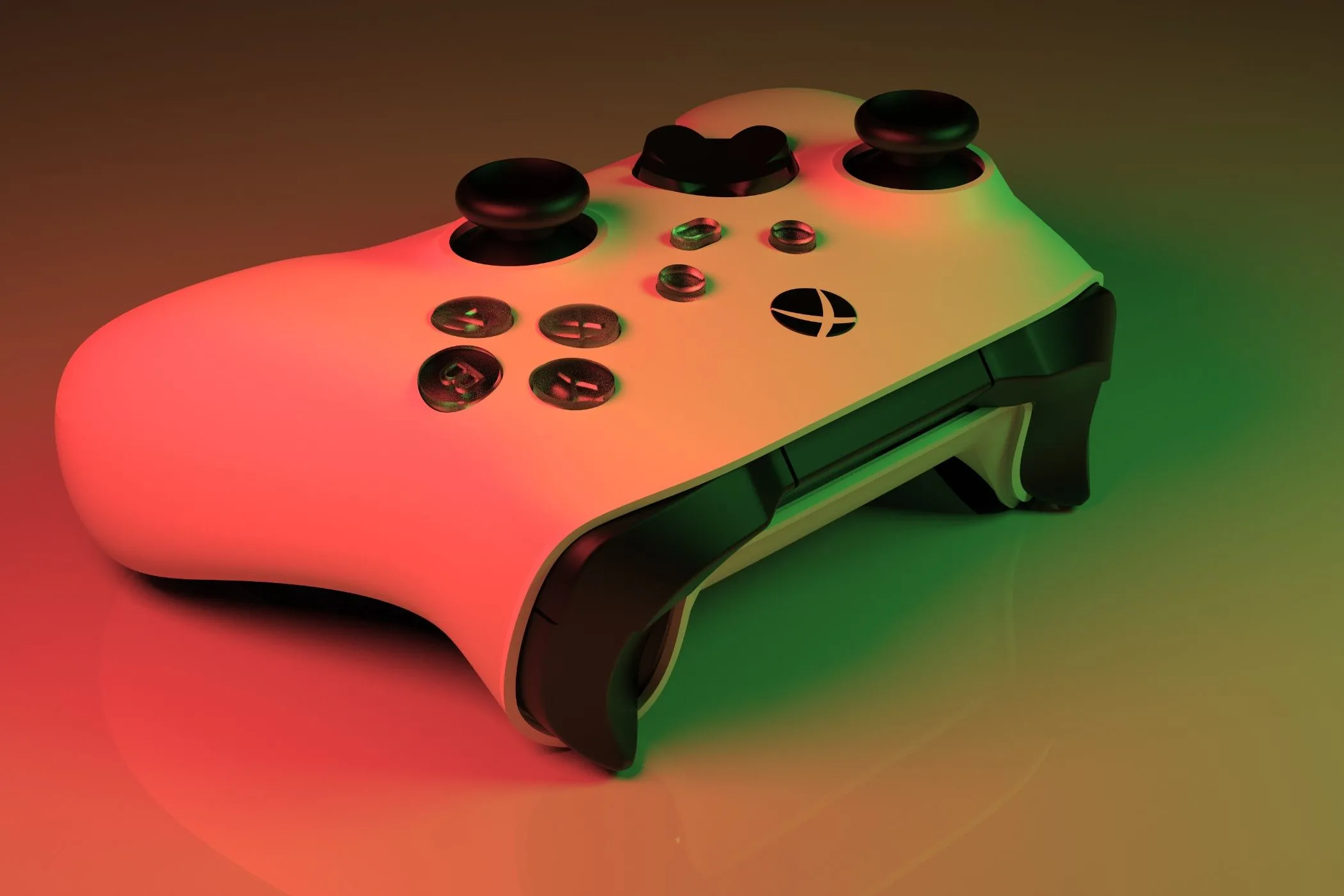 Bộ điều khiển Xbox Series X màu trắng dưới ánh đèn đỏ và xanh lá cây, biểu tượng cho gaming console