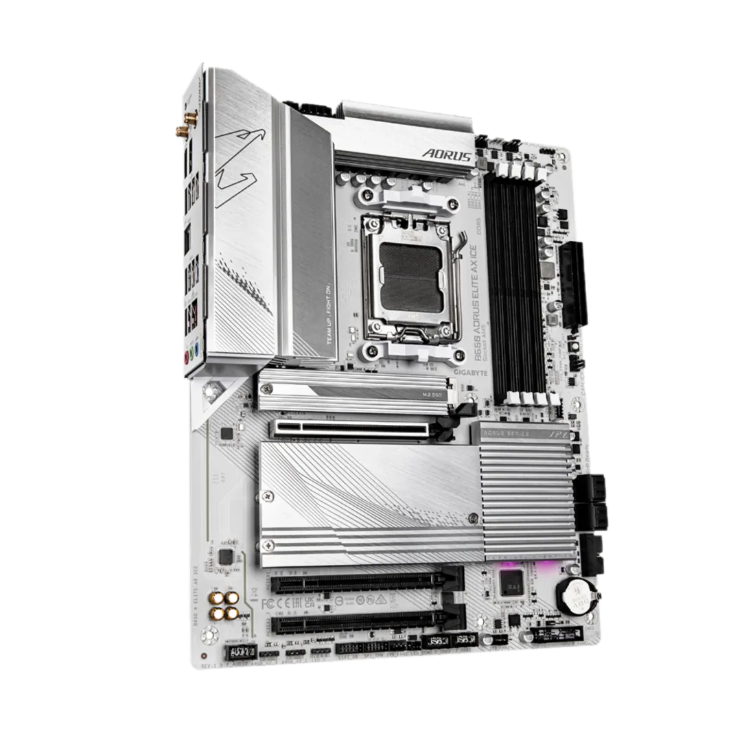 Bo mạch chủ Gigabyte B650 Aorus Elite AX ICE với tản nhiệt M.2 được lắp đặt sẵn.
