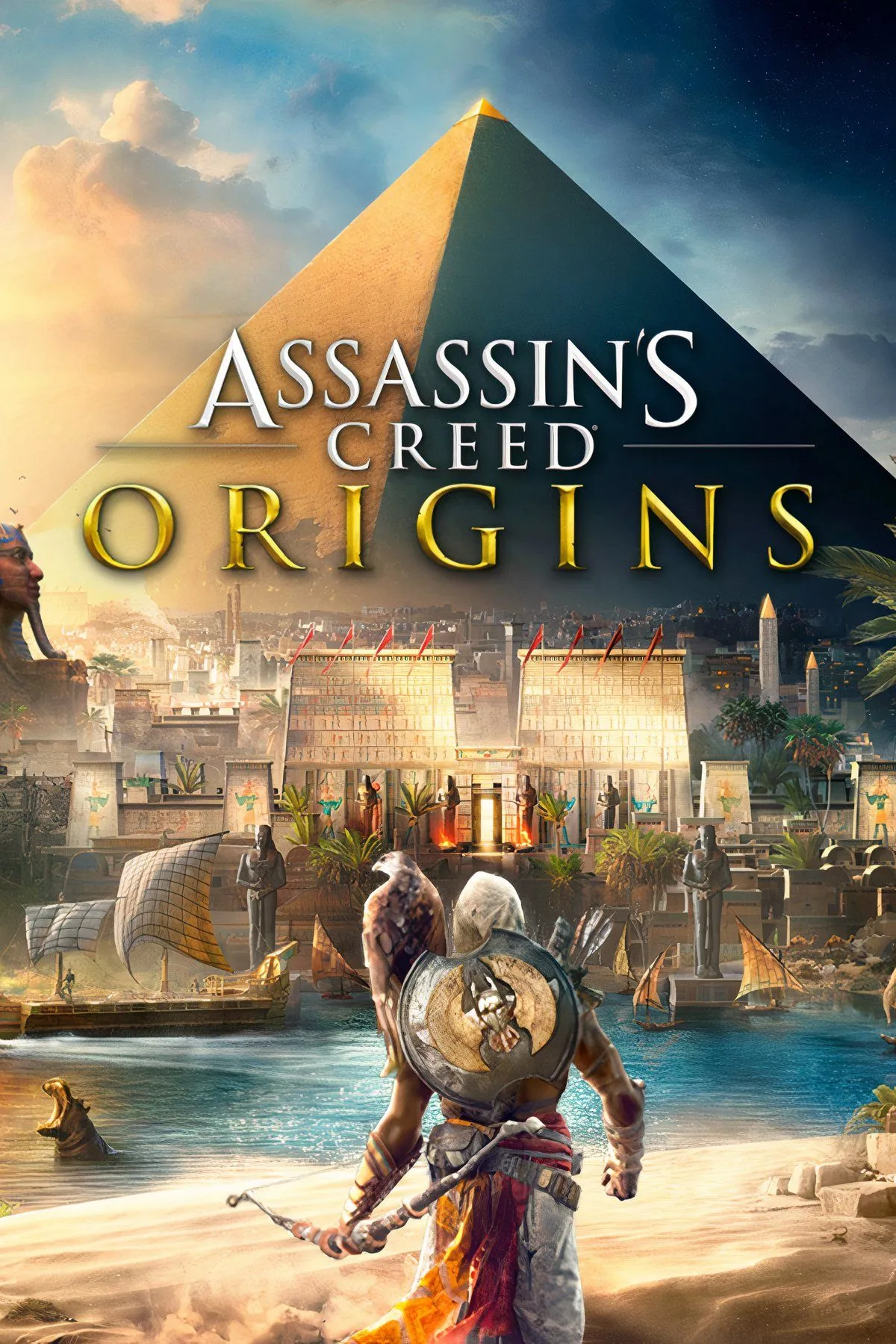 Bối cảnh Ai Cập cổ đại rộng lớn trong Assassin's Creed Origins với kim tự tháp và sông Nile