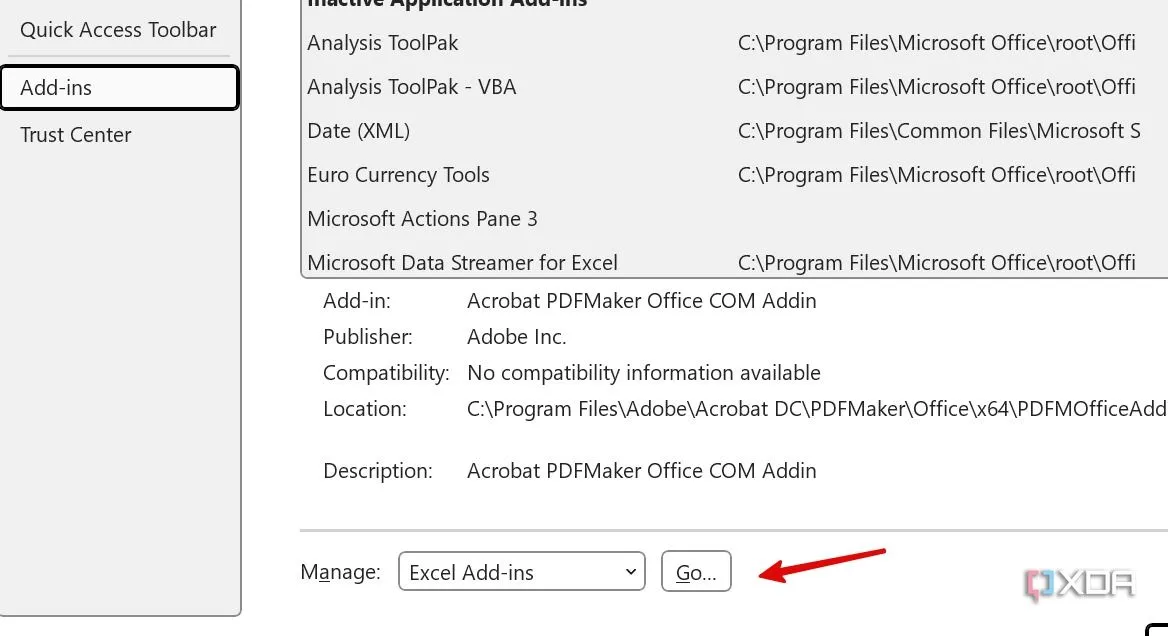Bước 2: Truy cập mục Add-ins và chọn Go để kiểm tra tiện ích