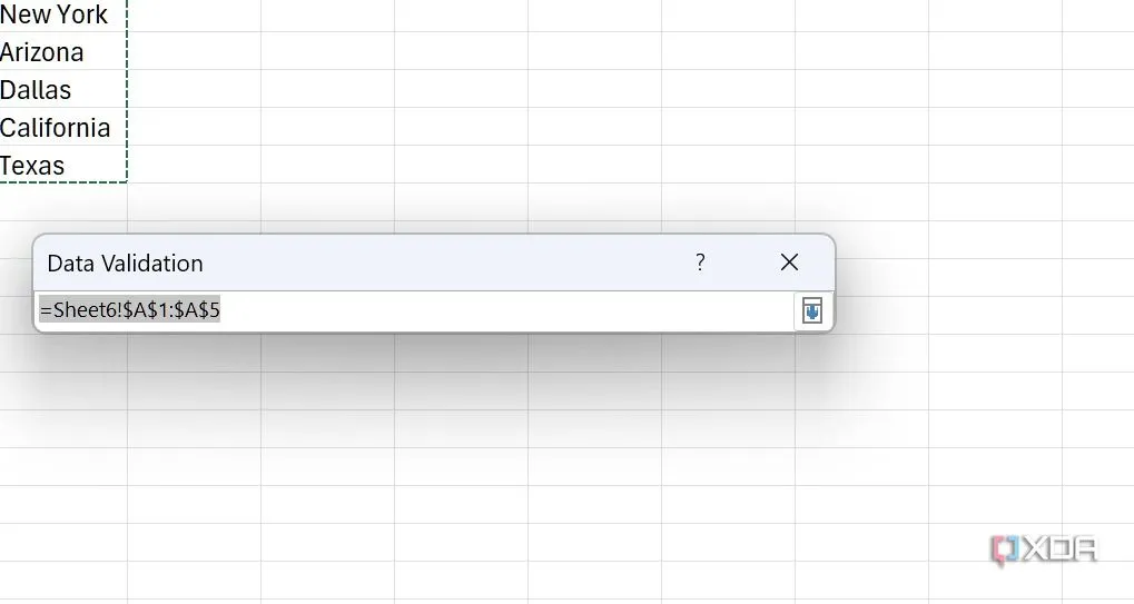 Bước 3: Chọn phạm vi dữ liệu từ bảng tính cho danh sách Data Validation