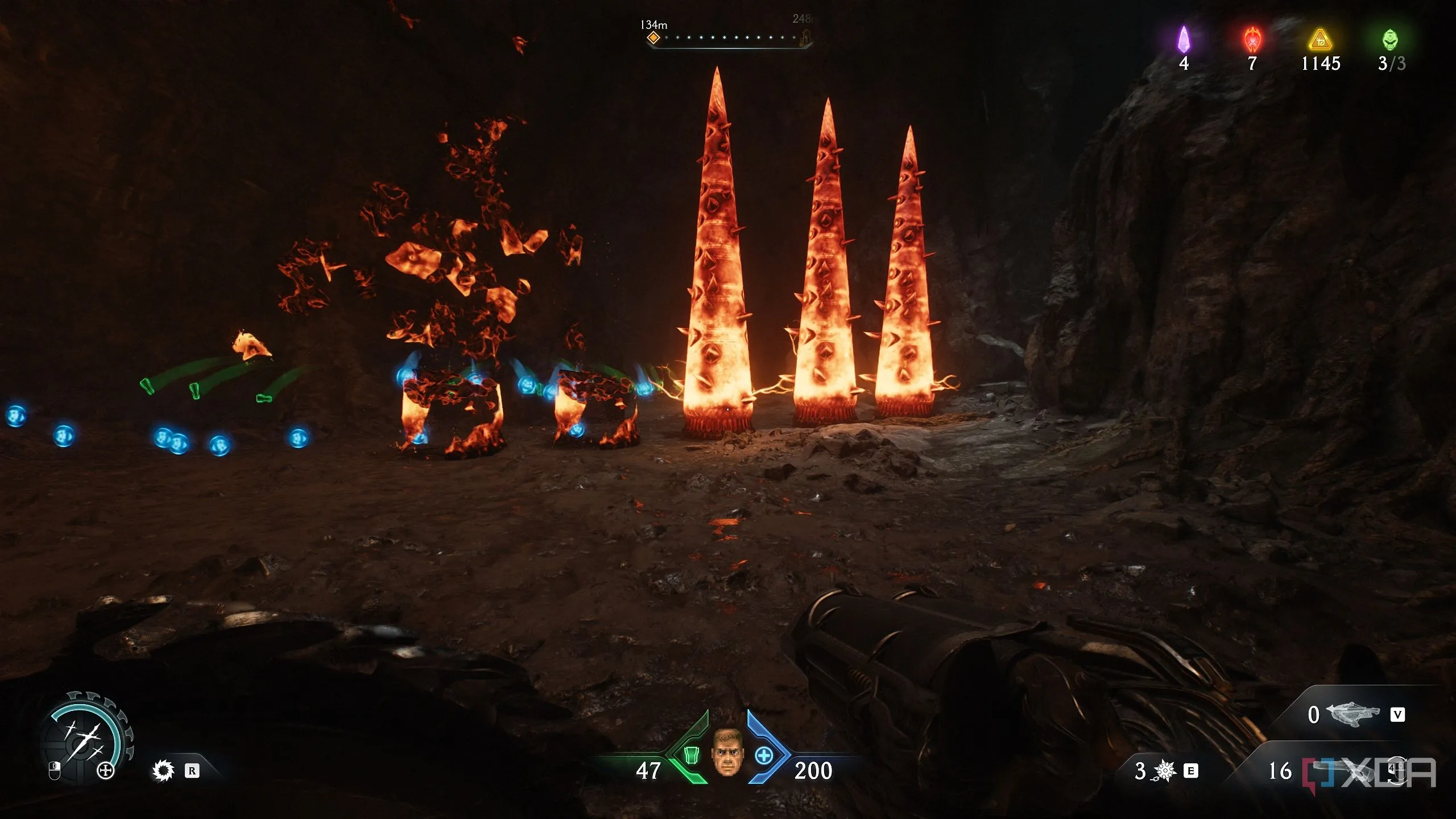 Các cột kim loại nóng đỏ nhọn hoắt từ trần nhà xuống trong Chương 20 của Doom The Dark Ages.