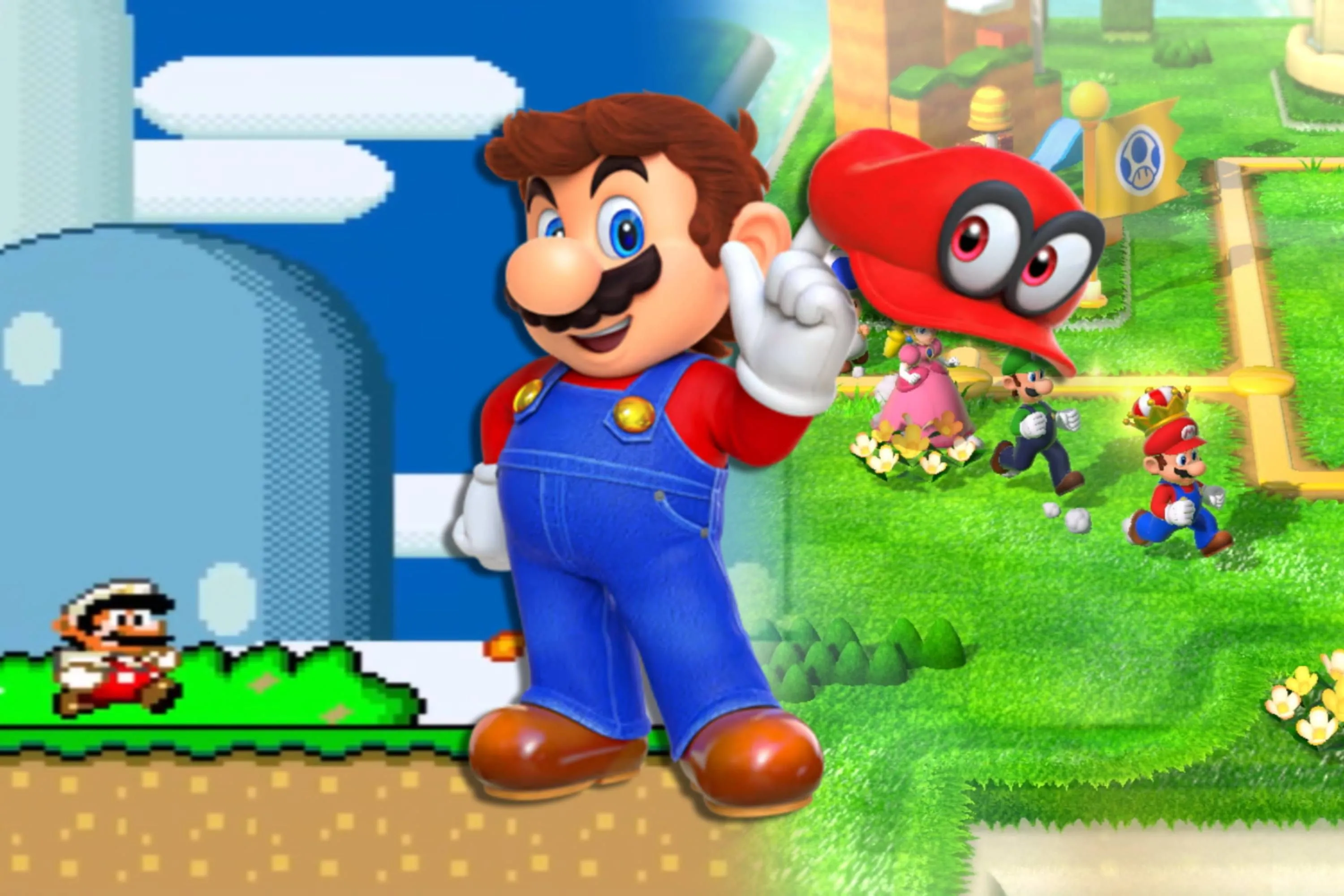 Các hình ảnh trong Super Mario World, Super Mario 3D và Mario từ Super Mario Odyssey, minh họa các tựa game kinh điển