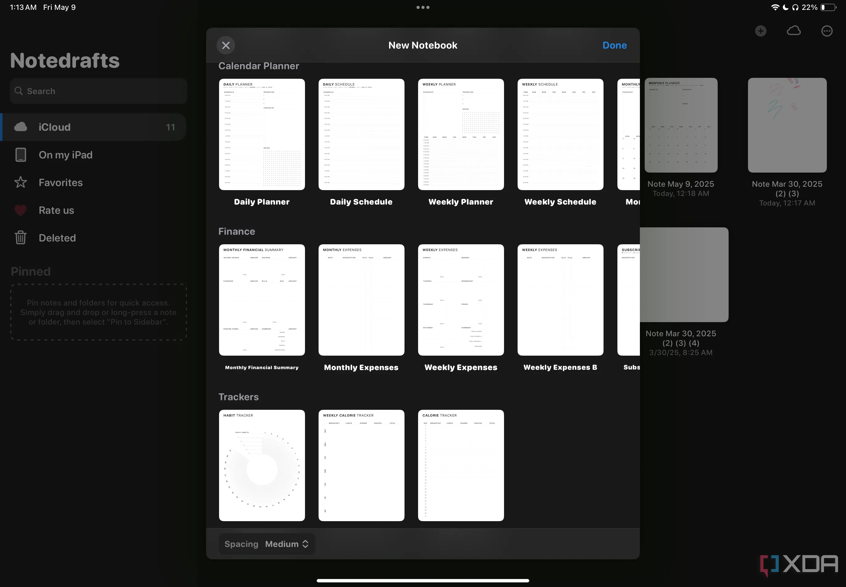 Các mẫu kế hoạch theo ngày, tuần, tháng và công cụ theo dõi chi tiêu, thói quen trong ứng dụng Notedrafts