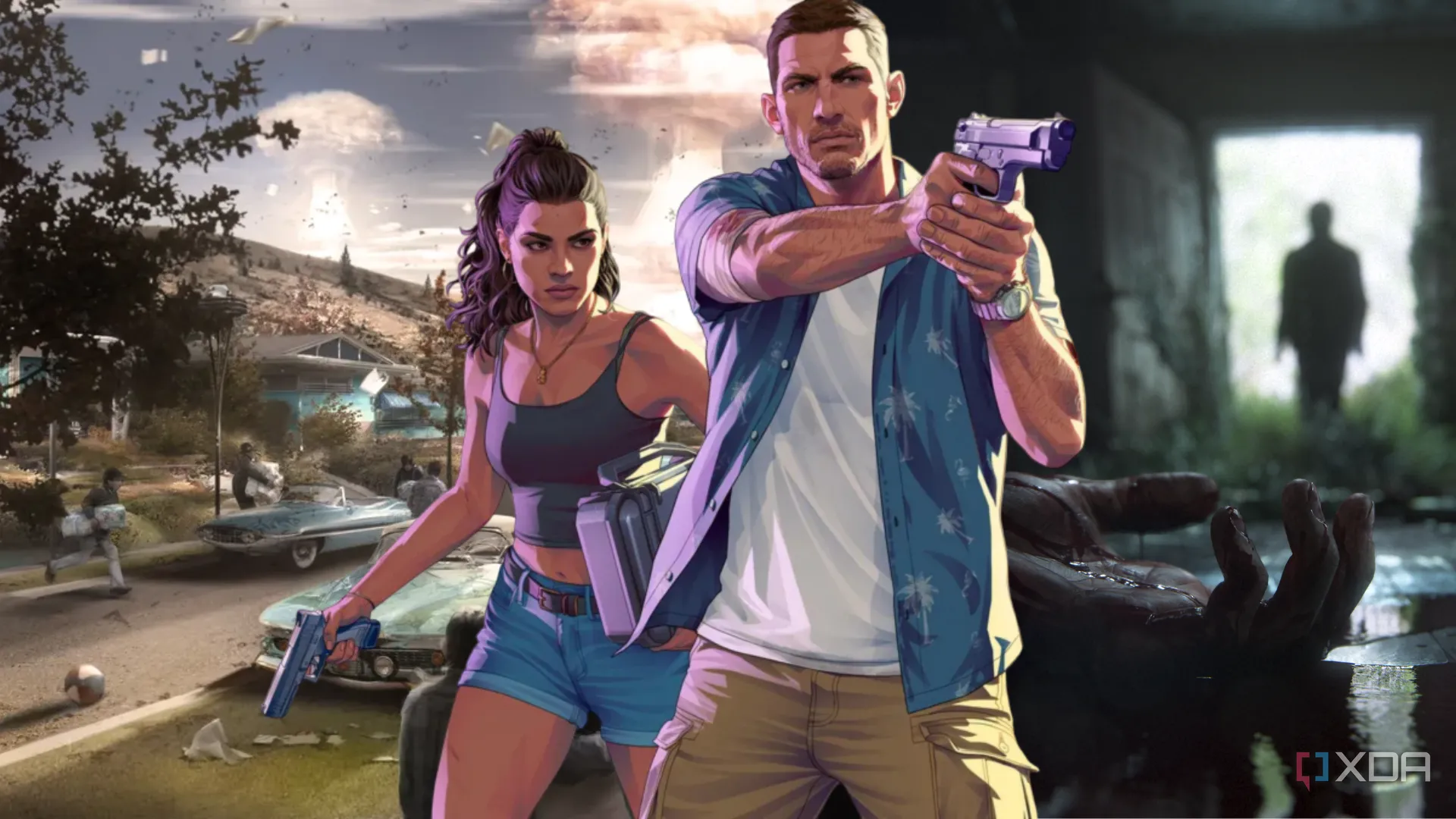Các nhân vật chính của GTA VI với phông nền là Fallout và The Last of Us 2