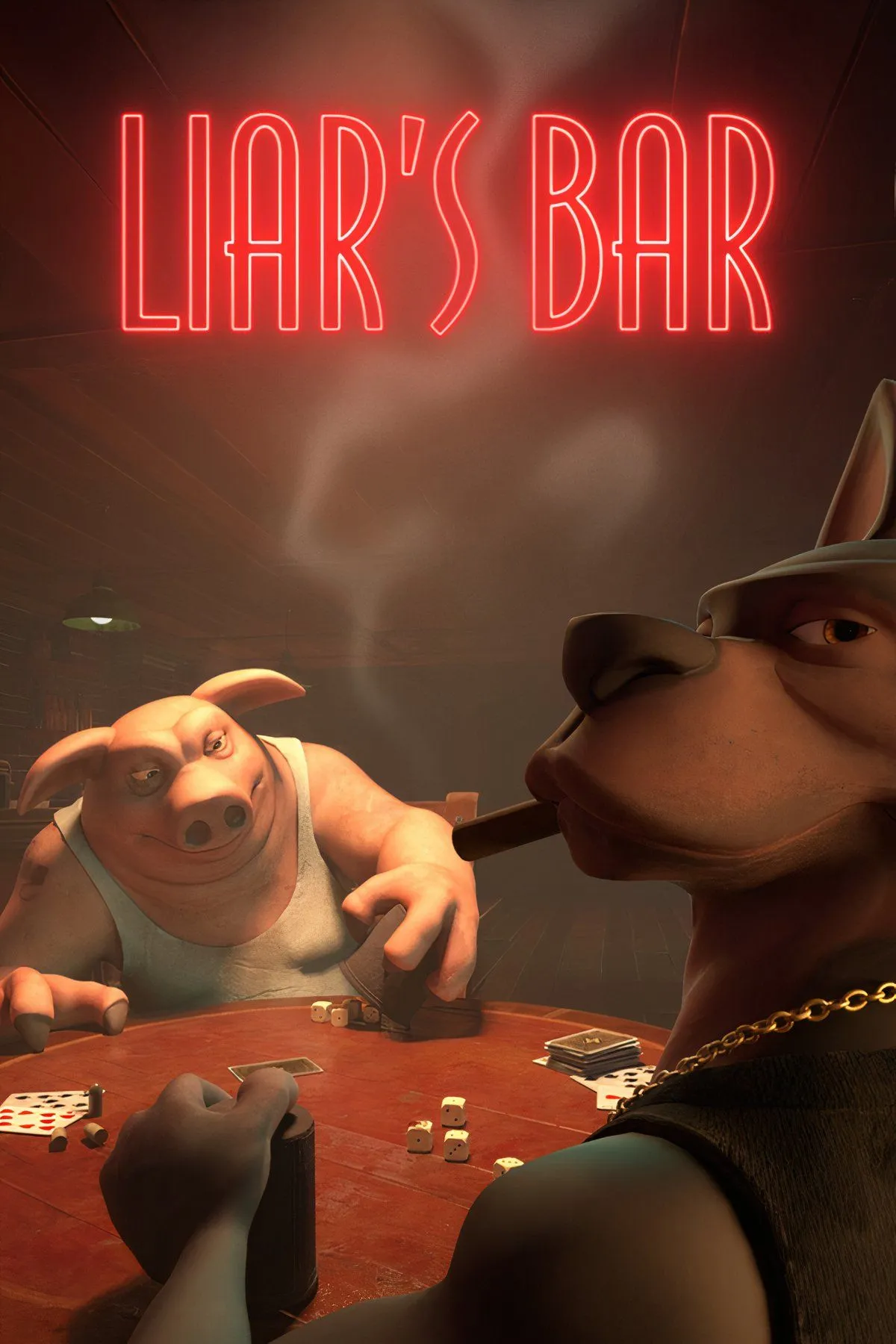 Các nhân vật hoạt hình đang chơi Liar's Dice trong không khí căng thẳng của game Liar's Bar.