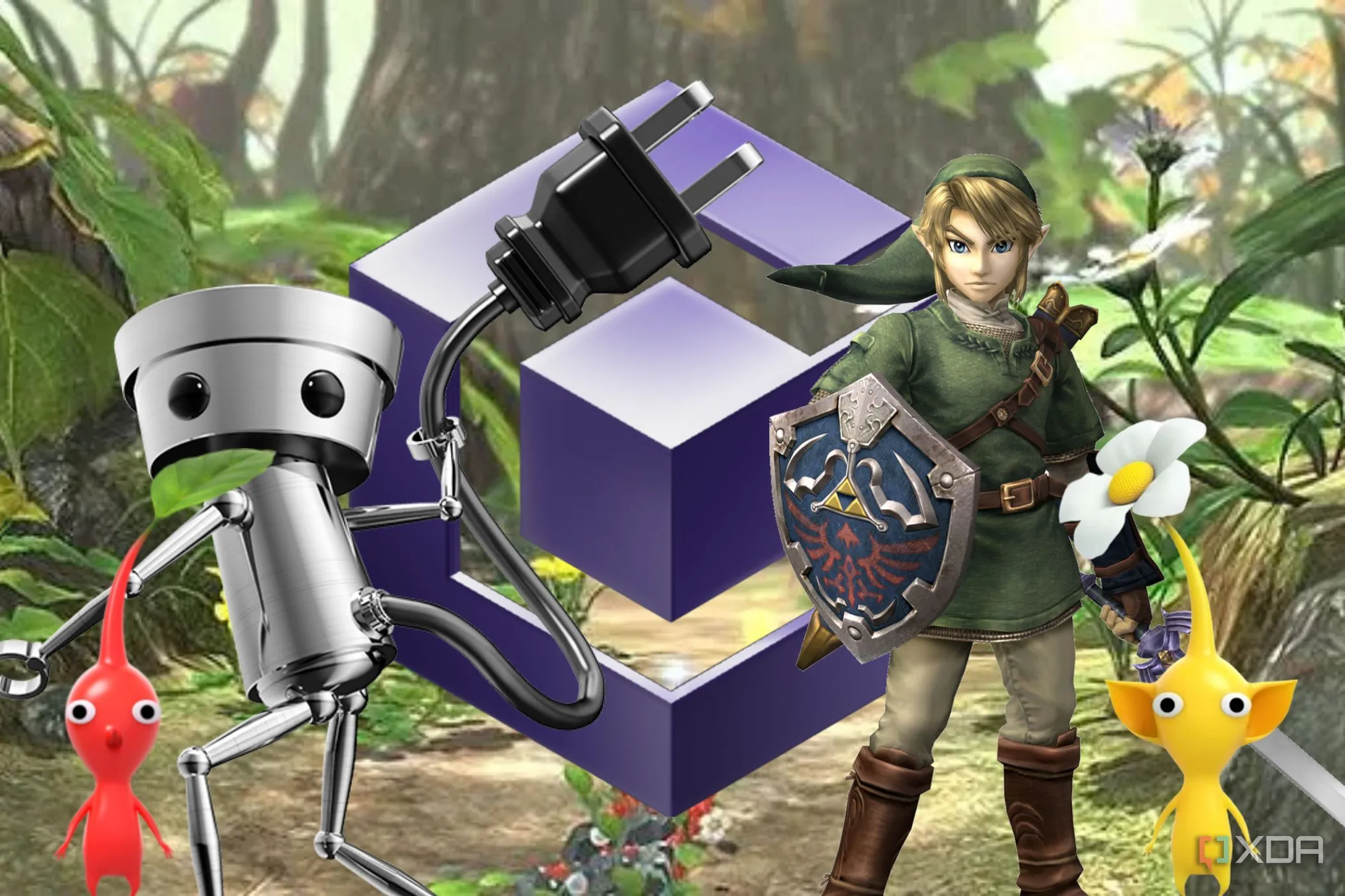 Các nhân vật Nintendo nổi tiếng vây quanh logo GameCube, gợi nhớ về thời kỳ vàng son của các tựa game kinh điển trên nền tảng này