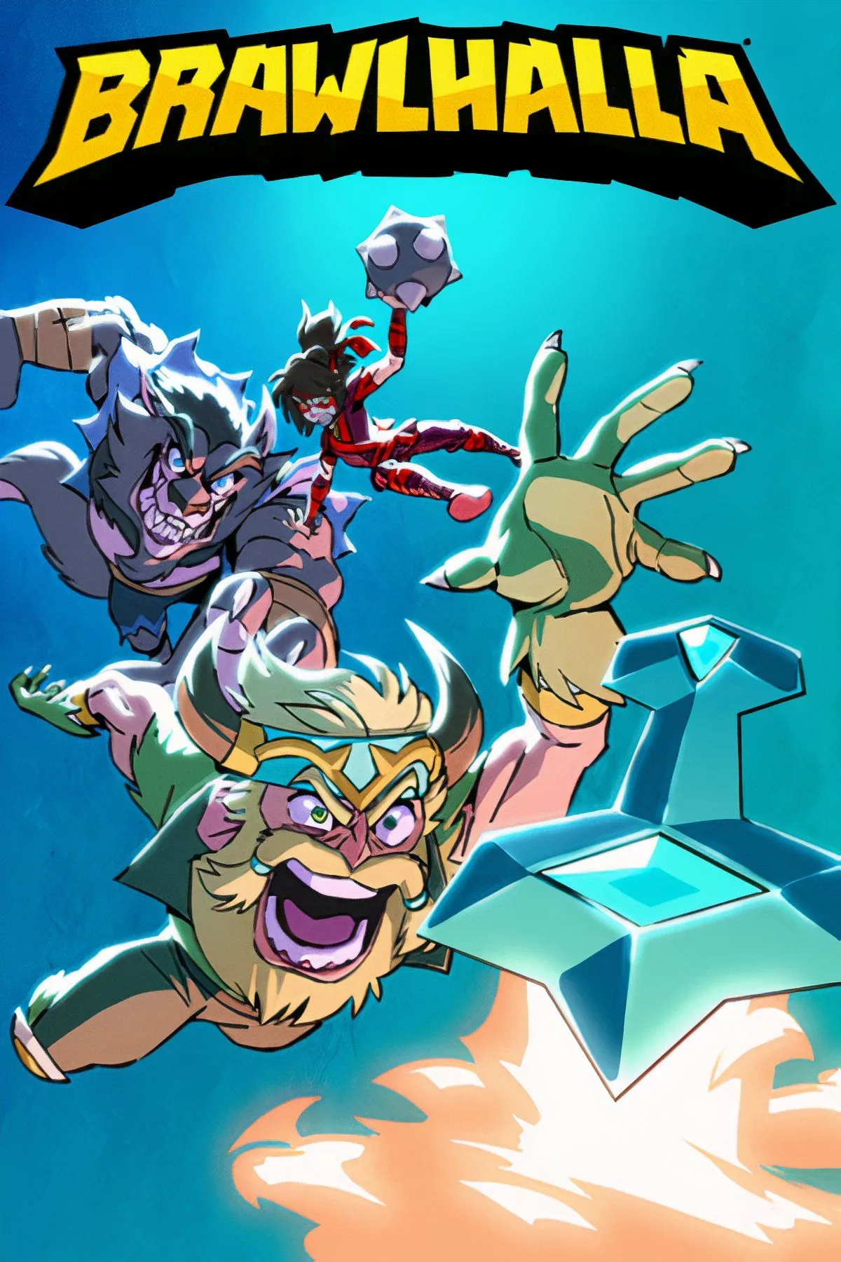 Các nhân vật trong game Brawlhalla đang giao tranh trên nhiều nền tảng, minh họa lối chơi đối kháng sôi động của tựa game nhẹ miễn phí này