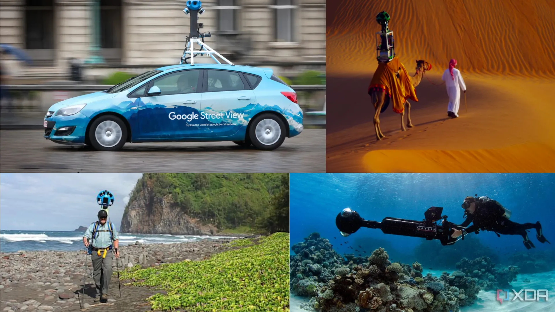 Các phương tiện Google Maps dùng để thu thập dữ liệu Street View, bao gồm xe hơi, ba lô, lạc đà và thuyền