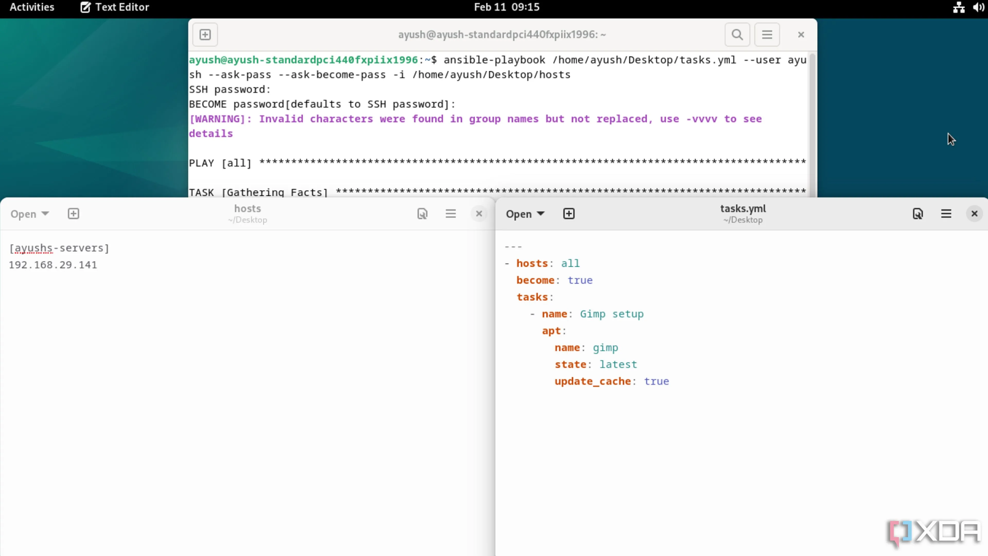Các tệp cấu hình Ansible và lệnh thực thi Playbook trên terminal Linux