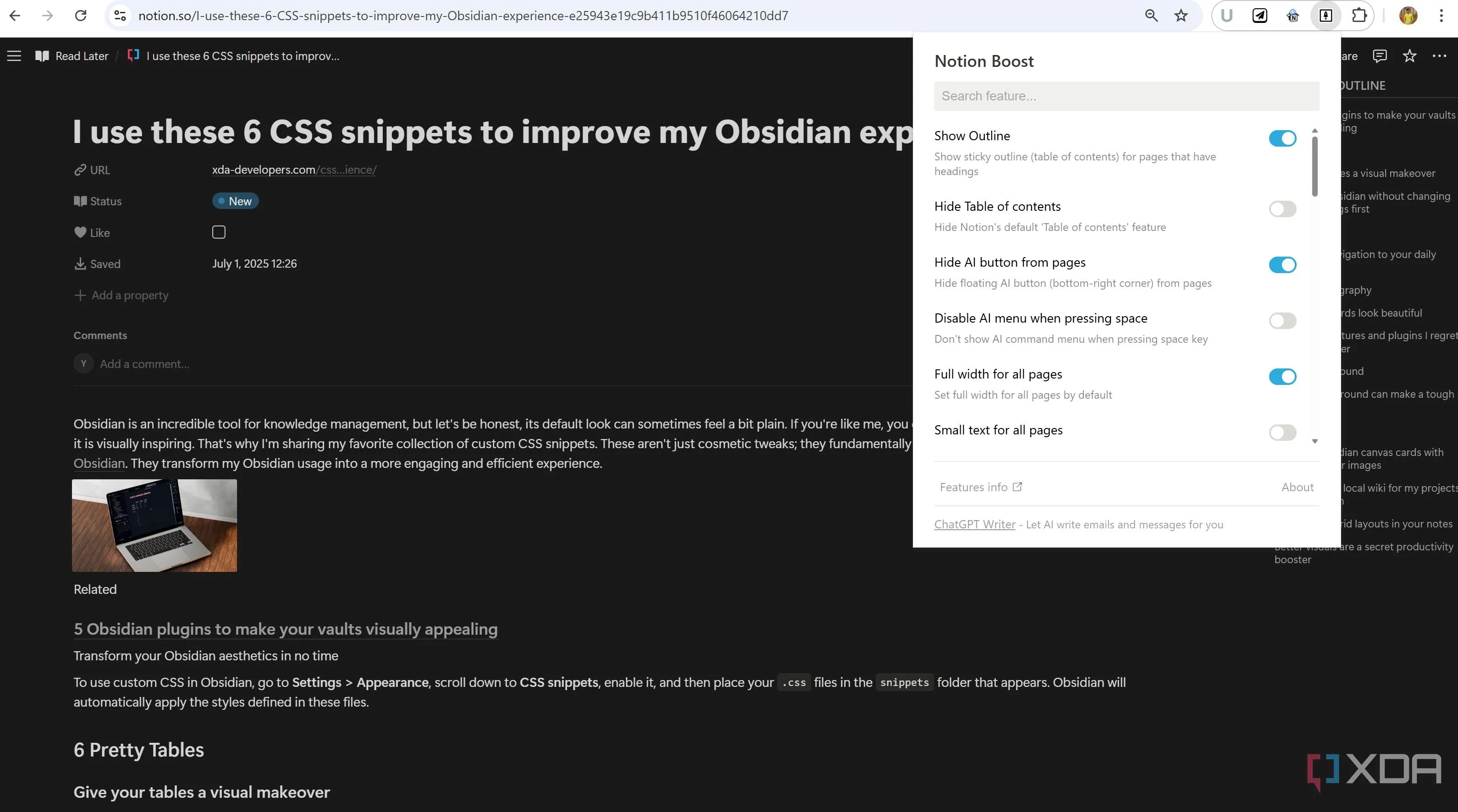 Các tùy chọn cá nhân hóa của tiện ích Notion Boost trên trình duyệt Chrome