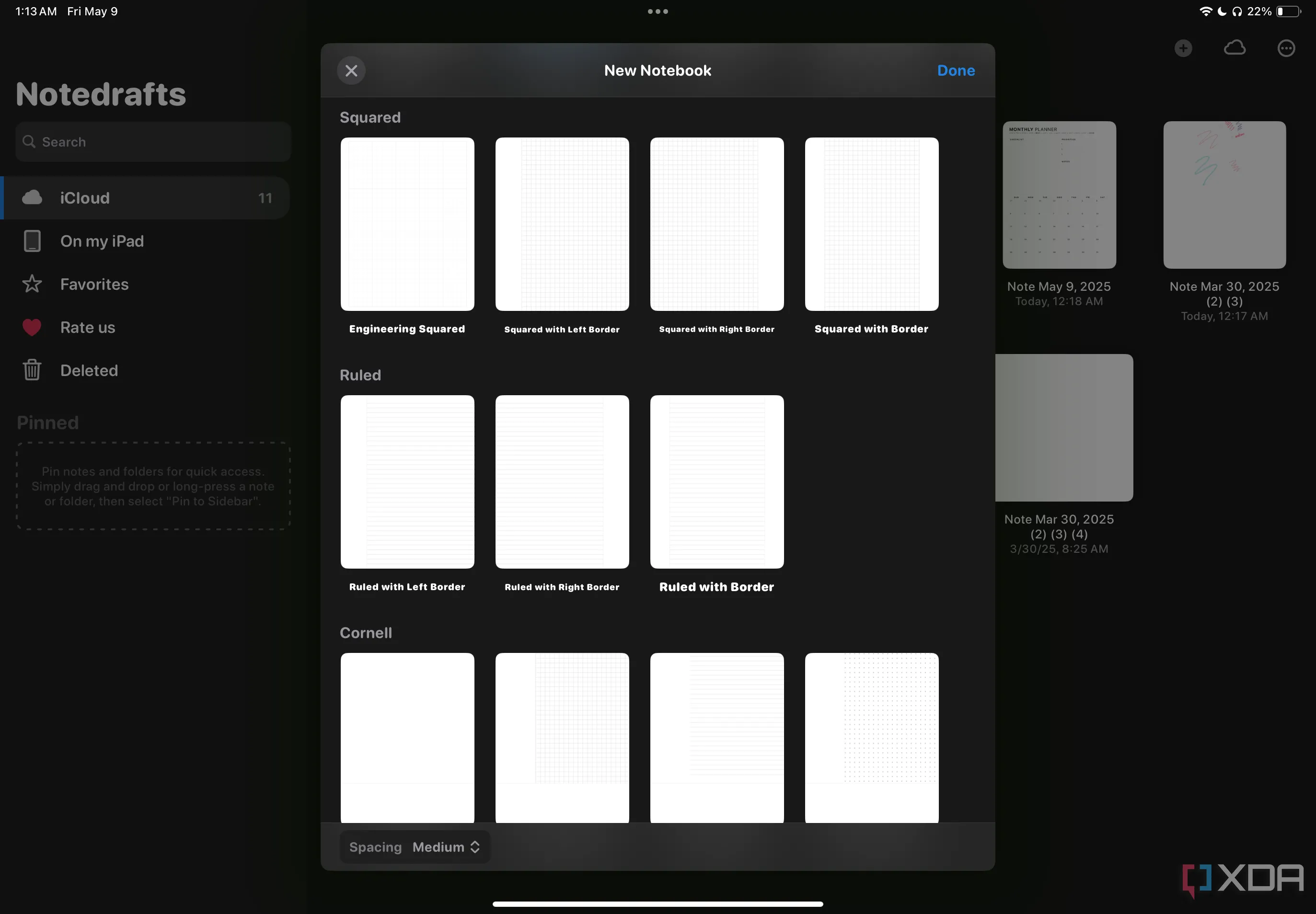 Các tùy chọn mẫu giấy kẻ ô vuông, kẻ dòng và Cornell trong chế độ Notebook của Notedrafts