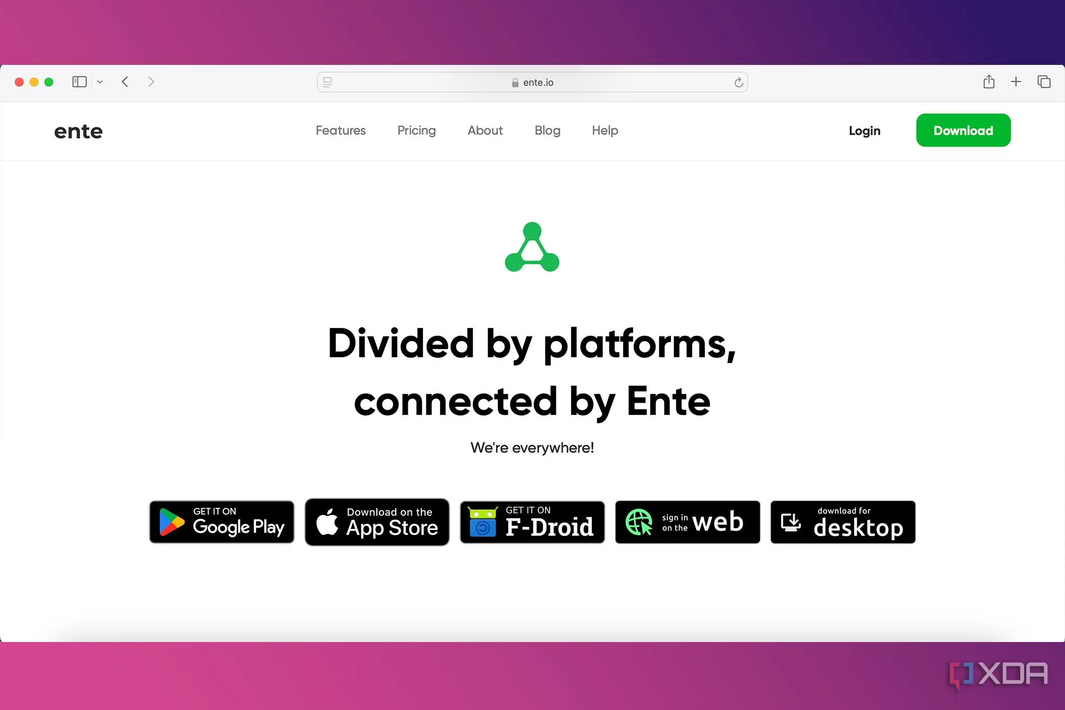 Các tùy chọn tải xuống ứng dụng Ente Photos cho nhiều nền tảng: Android, iOS, Windows, macOS, Linux và truy cập web