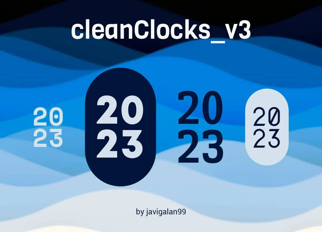 Các ví dụ về Rainmeter skin CleanClocks V3 với thiết kế đồng hồ tối giản, hiện đại trên nền xanh lượn sóng, phù hợp tùy biến desktop.