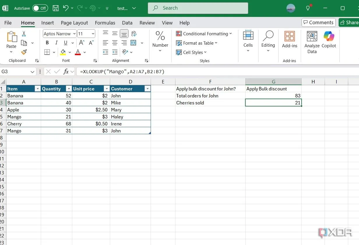 Cách dùng hàm XLOOKUP trong Excel để tra cứu thông tin sản phẩm và số lượng bán