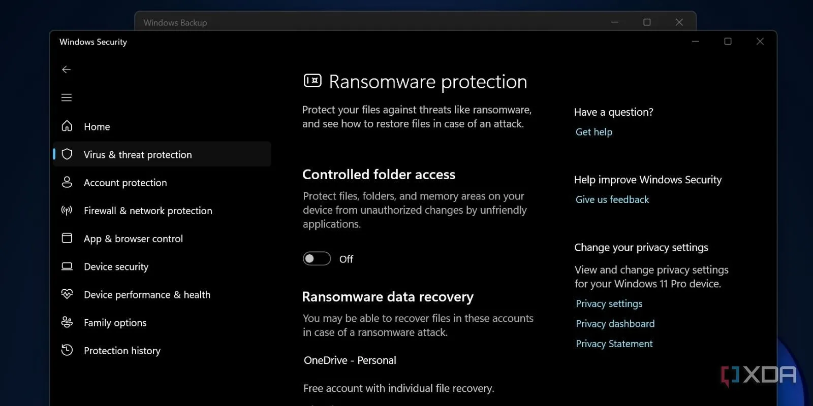 Cài đặt bảo vệ chống Ransomware trong ứng dụng Windows Security của Windows 11
