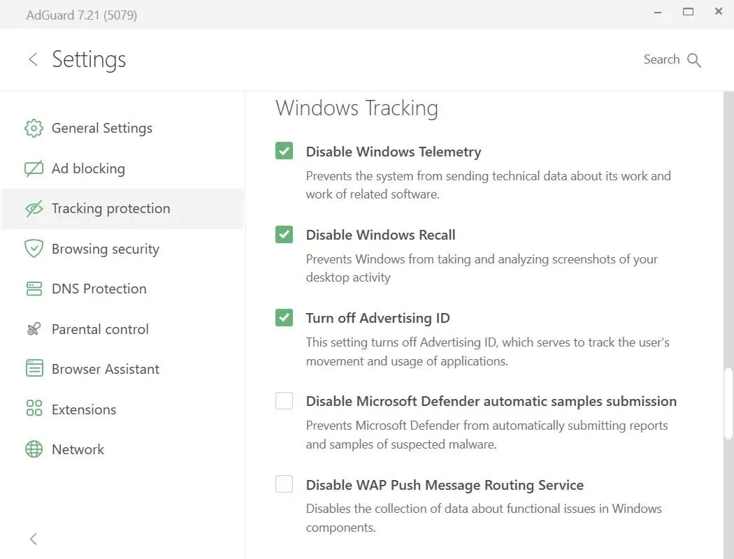 Cài đặt Bảo vệ Theo dõi trong AdGuard hiển thị tùy chọn vô hiệu hóa tính năng Recall của Windows 11.