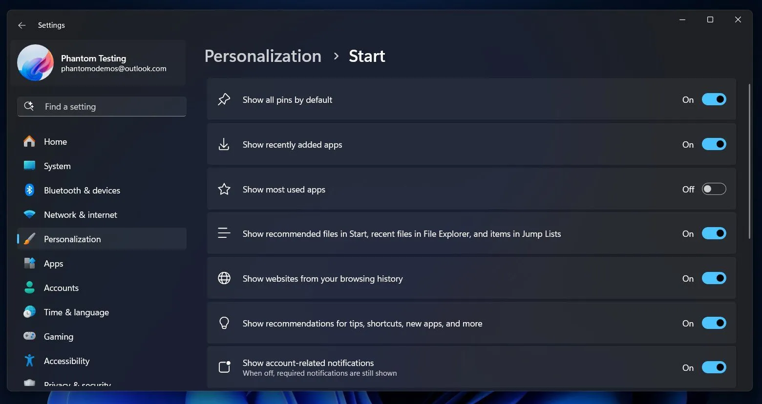 Cài đặt cá nhân hóa Start menu trên Windows 11 để tắt mục đề xuất