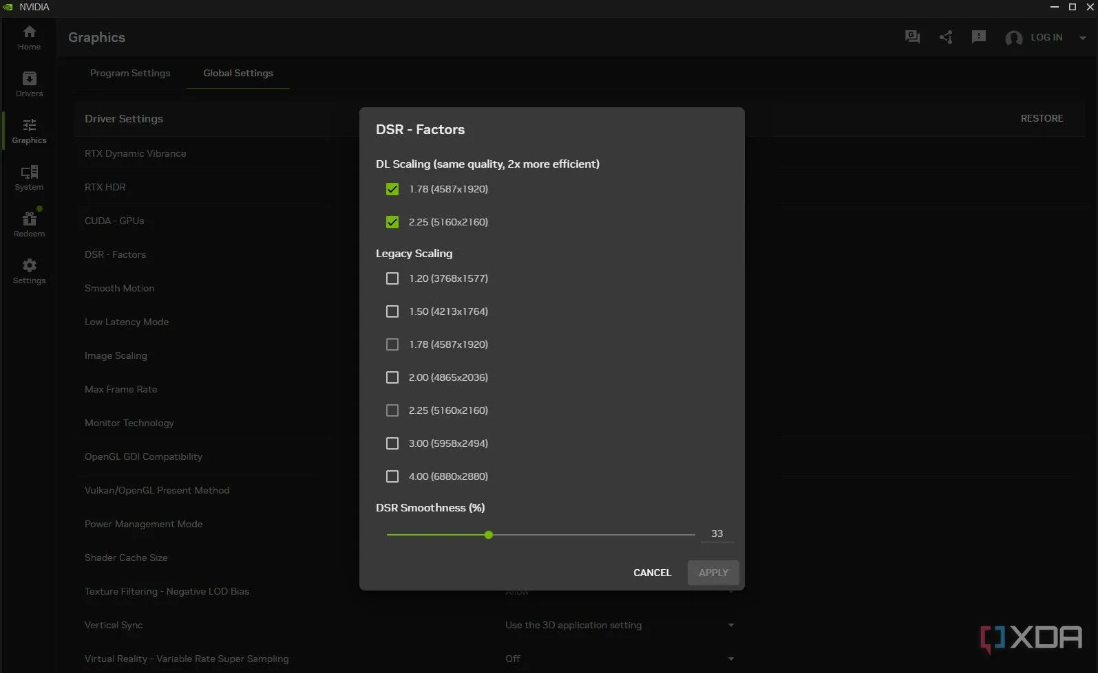 Cài đặt DLDSR trong ứng dụng Nvidia App với các tùy chọn hệ số nhân