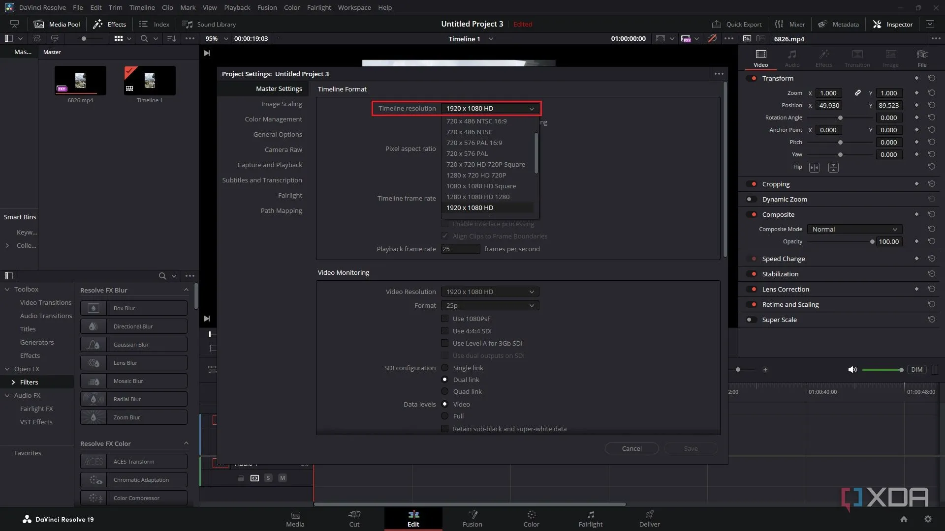 Cài đặt độ phân giải timeline trong DaVinci Resolve để tối ưu hiệu suất