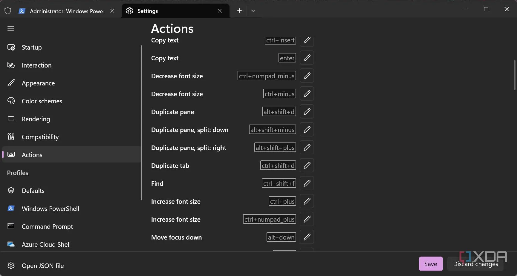 Cài đặt hành động trong Windows Terminal cho phép người dùng tùy chỉnh phím tắt