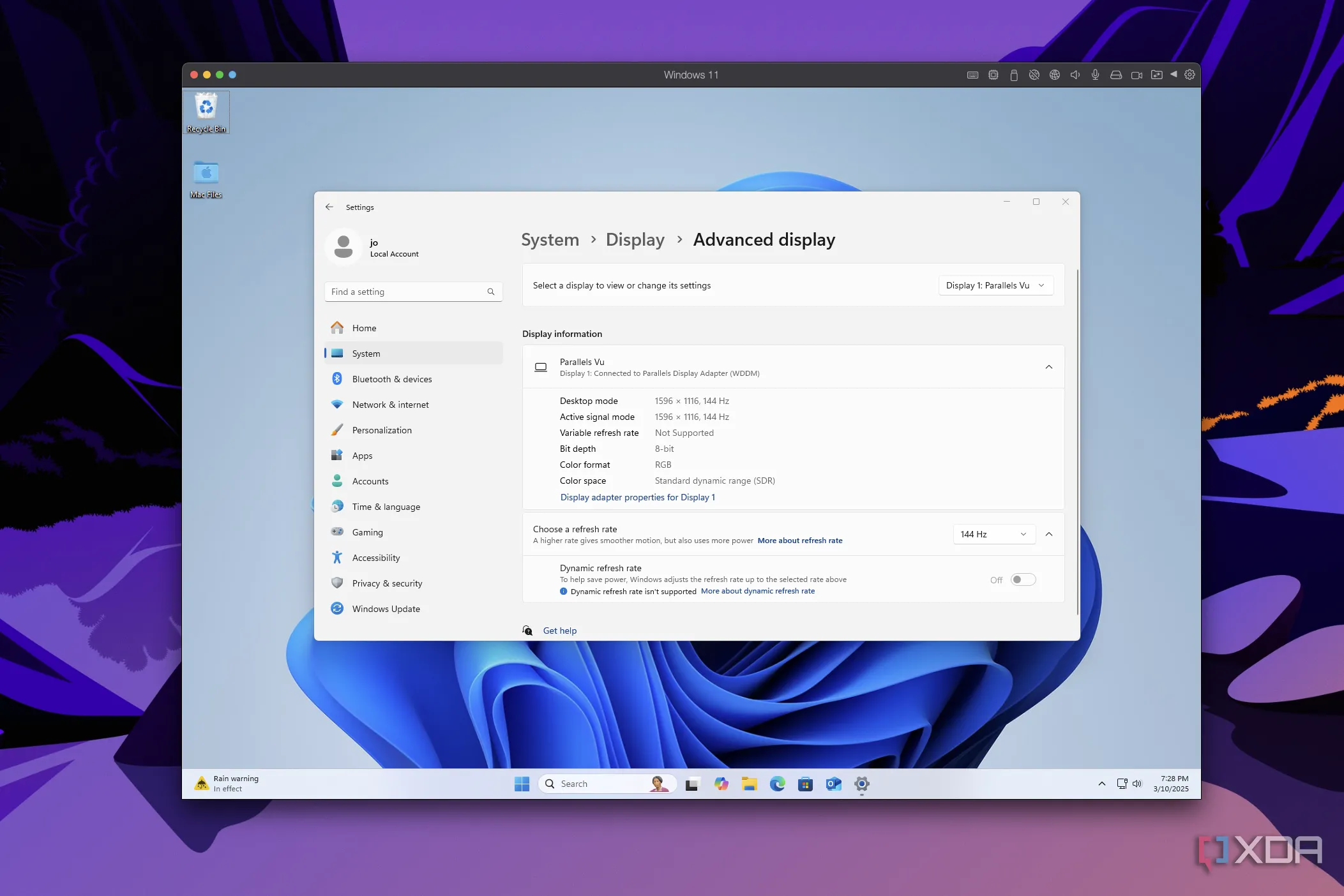 Cài đặt hiển thị Windows 11 trong Parallels Desktop với tần số quét 144Hz, hỗ trợ màn hình ProMotion