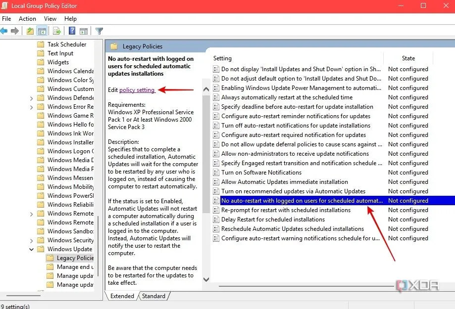 Cài đặt &quot;Không tự động khởi động lại khi người dùng đã đăng nhập&quot; trong Group Policy Editor
