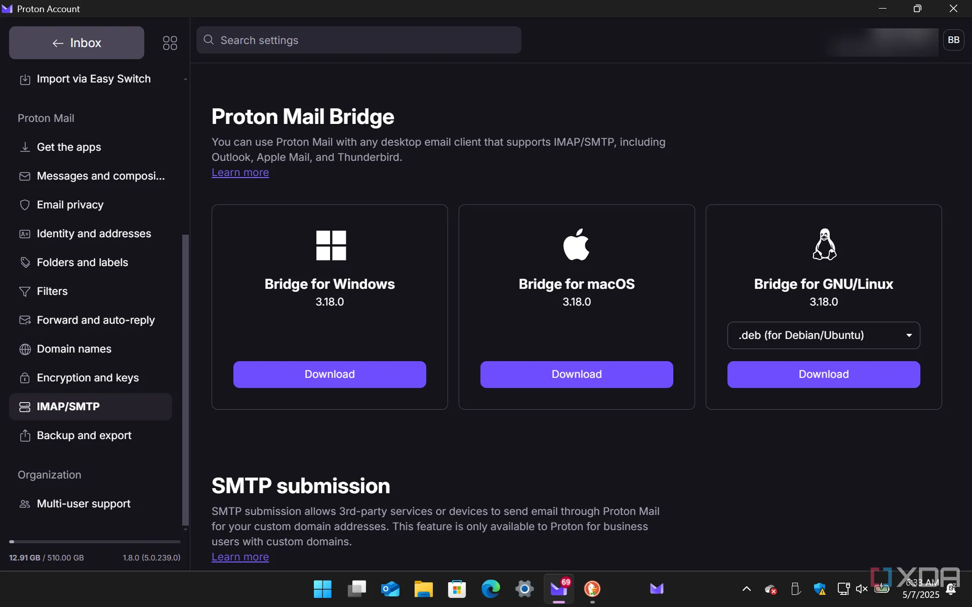 Cài đặt Proton Mail hiển thị các tùy chọn Proton Mail Bridge cho IMAP/SMTP