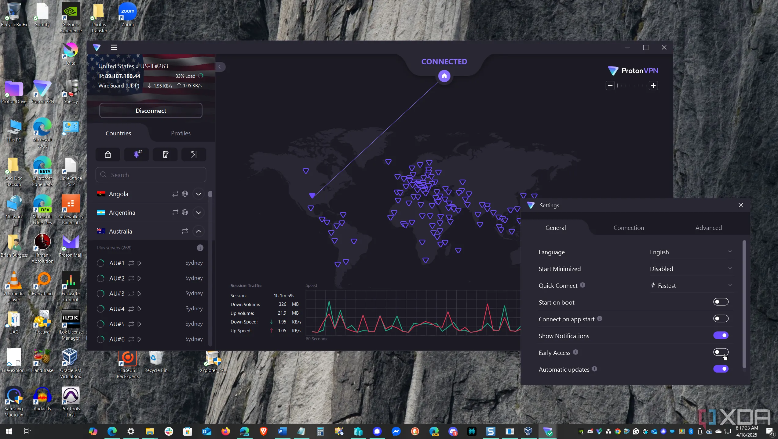 Cài đặt Proton VPN đang chạy trên máy tính Windows, thể hiện các tùy chọn bảo mật
