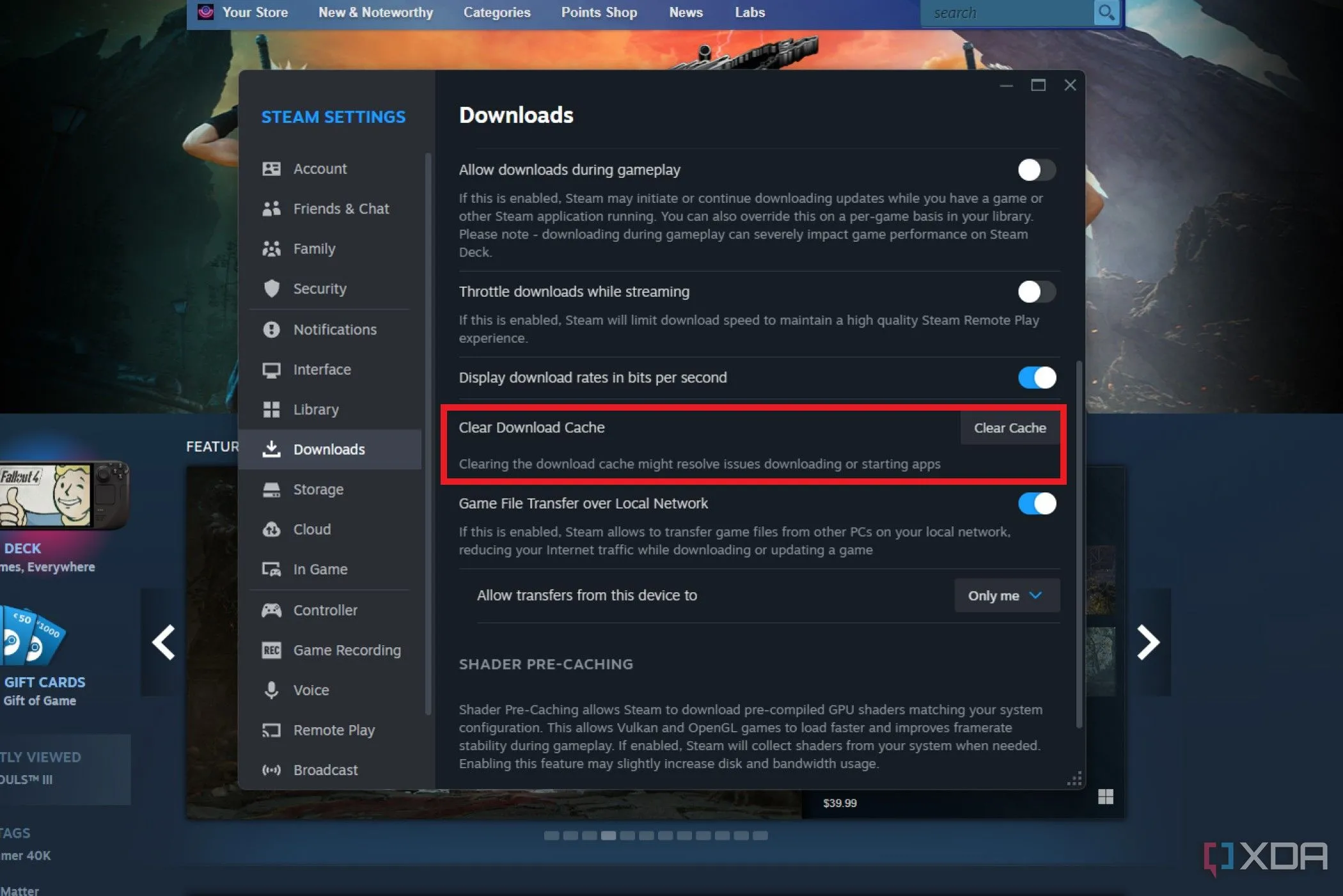 Cài đặt tải xuống của Steam với tùy chọn xóa bộ nhớ đệm được đánh dấu