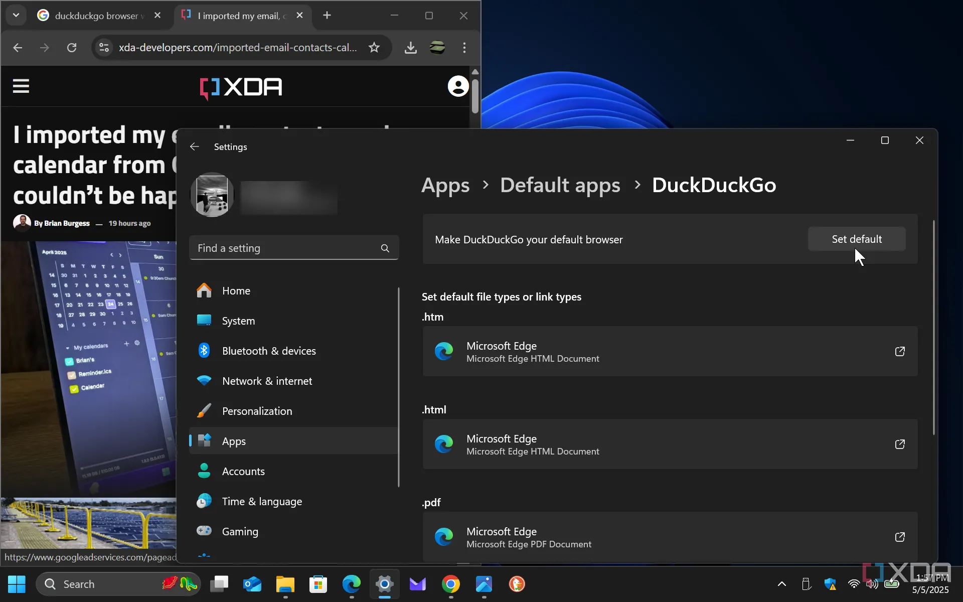 Cài đặt ứng dụng mặc định trên Windows 11, minh họa cách thay đổi trình duyệt web mặc định