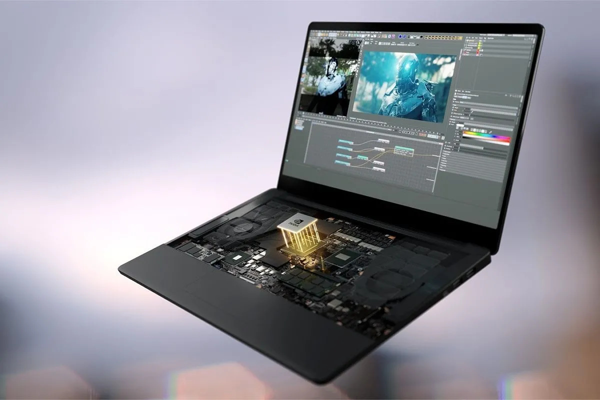 Cận cảnh chip GPU NVIDIA RTX bên trong một chiếc laptop, minh họa sự tích hợp phần cứng đồ họa di động.