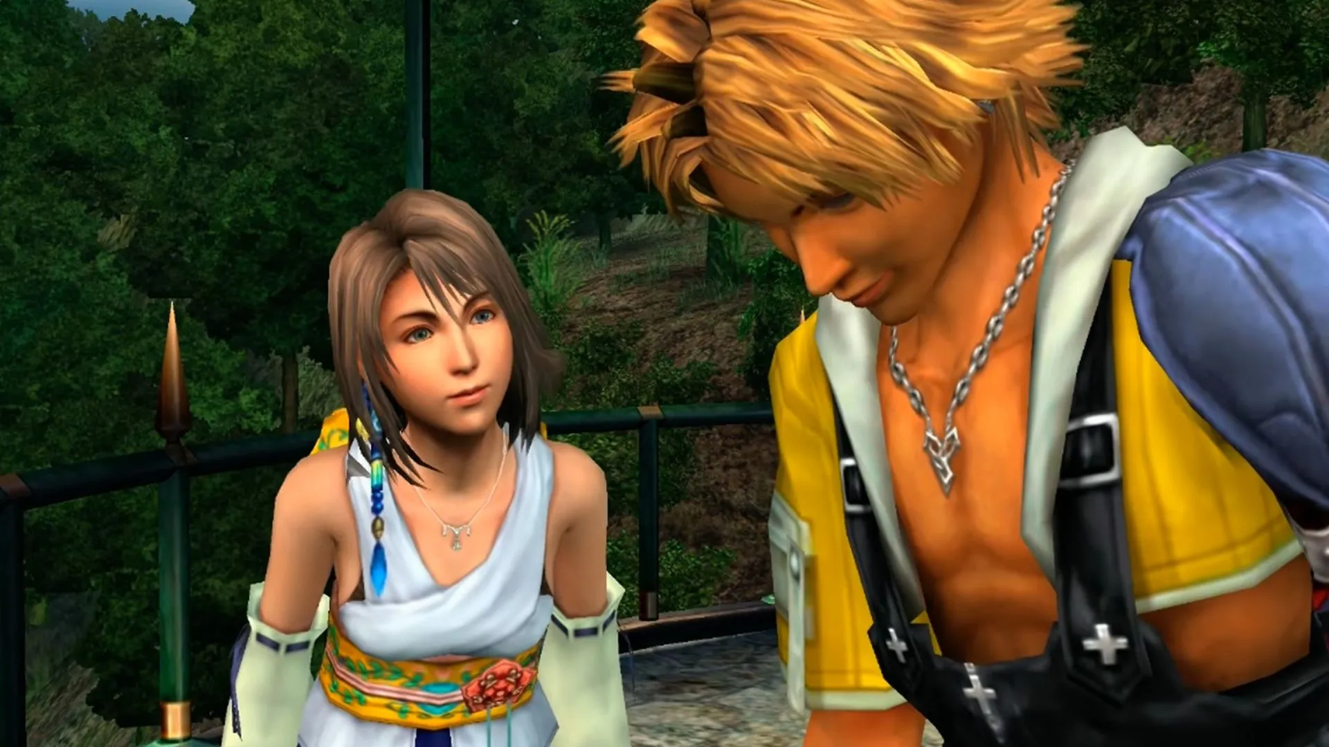 Cảnh cắt Final Fantasy X Tidus cười to trong khi Yuna ngượng ngùng, minh họa cho meme nổi tiếng
