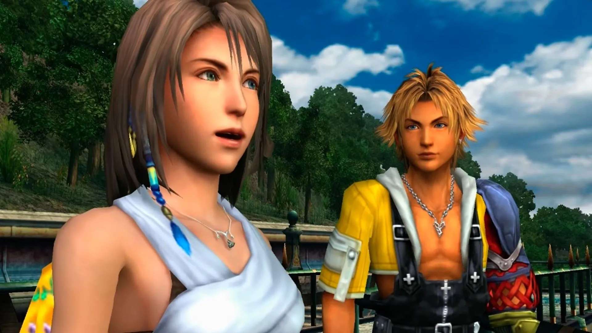 Cảnh cắt Final Fantasy X Yuna cười cùng Tidus, thể hiện nỗ lực tìm kiếm hy vọng trong cốt truyện JRPG