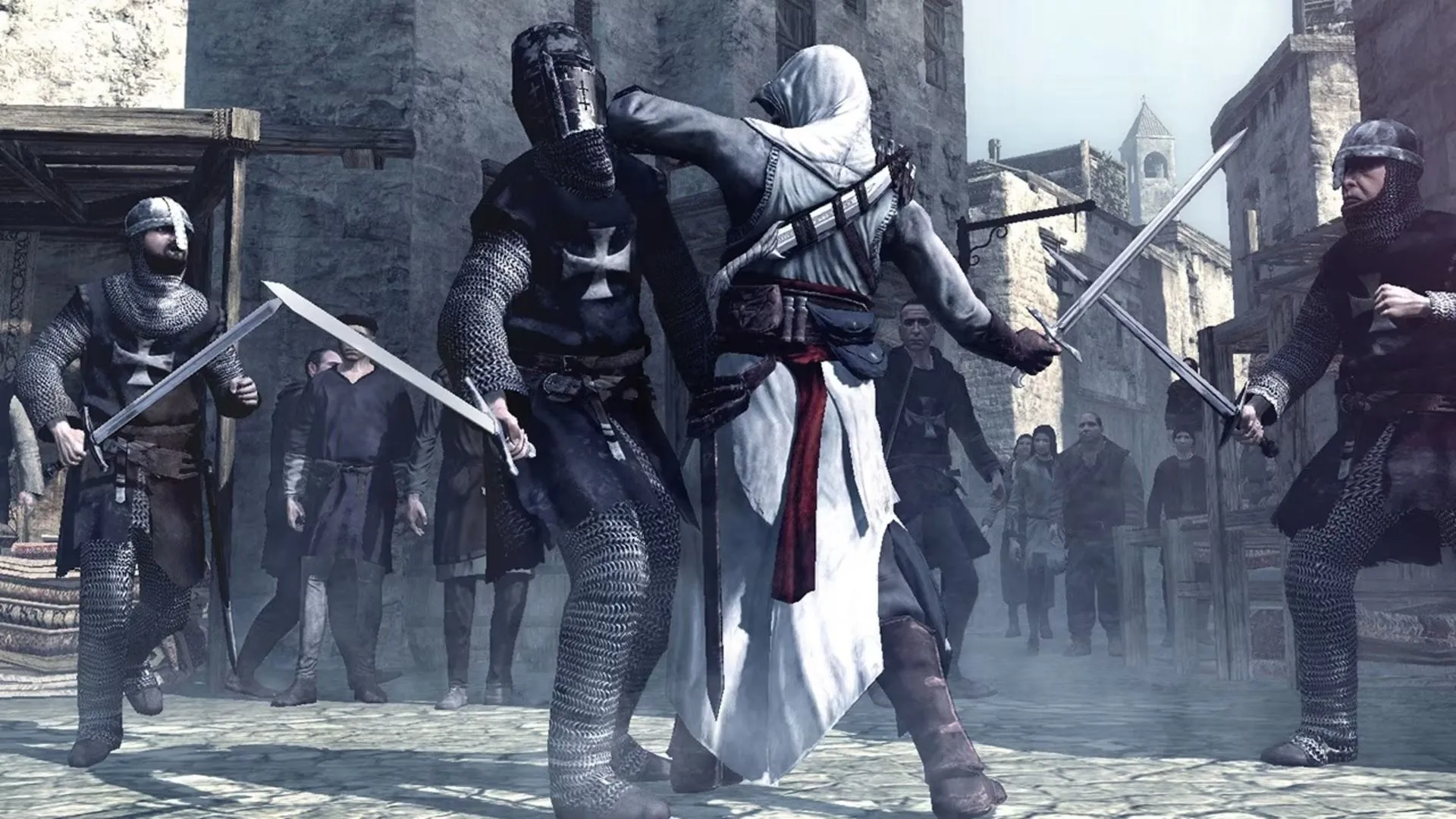 Cảnh chiến đấu cận chiến trong Assassin's Creed, với Altaïr đối đầu nhiều kẻ địch