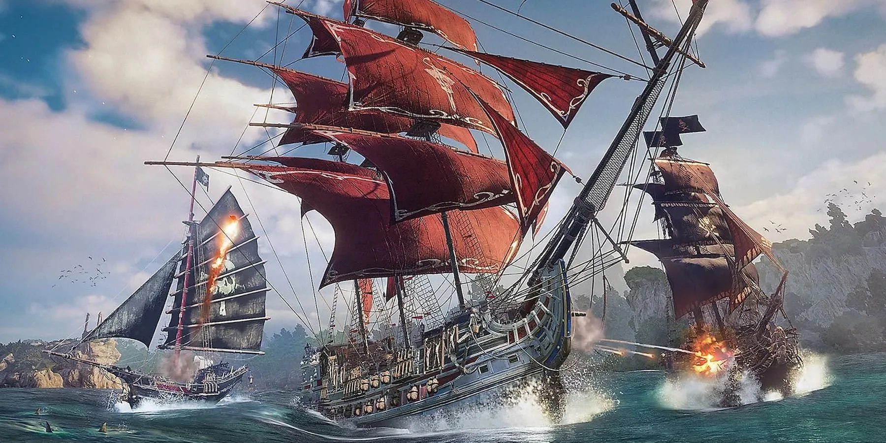 Cảnh chiến đấu hải quân hoành tráng trong Skull &amp; Bones, thể hiện các loại tàu khác nhau.