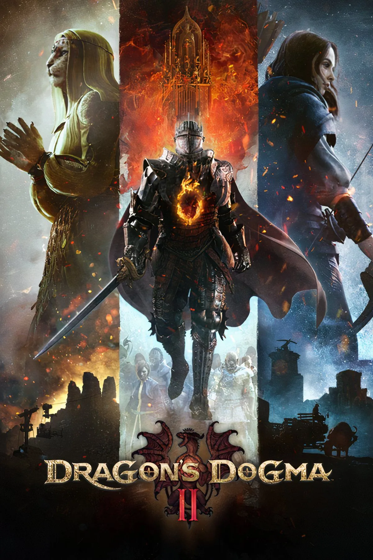 Cảnh chiến đấu hoành tráng trong Dragon's Dogma 2 với nhân vật chính và các Pawn đối đầu quái vật khổng lồ